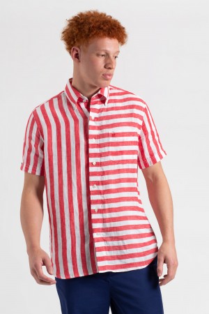 Camisas Ben Sherman B by Ben Sherman Candy Stripe Linen Short Sleeve Rosa Vermelhas | 10QXKPRSW