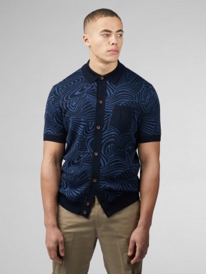 Knitwear Ben Sherman B by Ben Sherman Swirl Jacquard Button Through Polo Azul Marinho | 61RFIHZMS