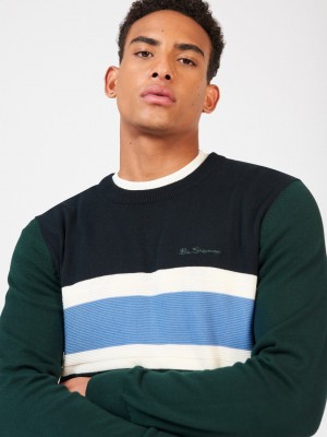 Knitwear Ben Sherman Chest Stripe Crewneck Verdes Escuro | 04XGZLBJQ