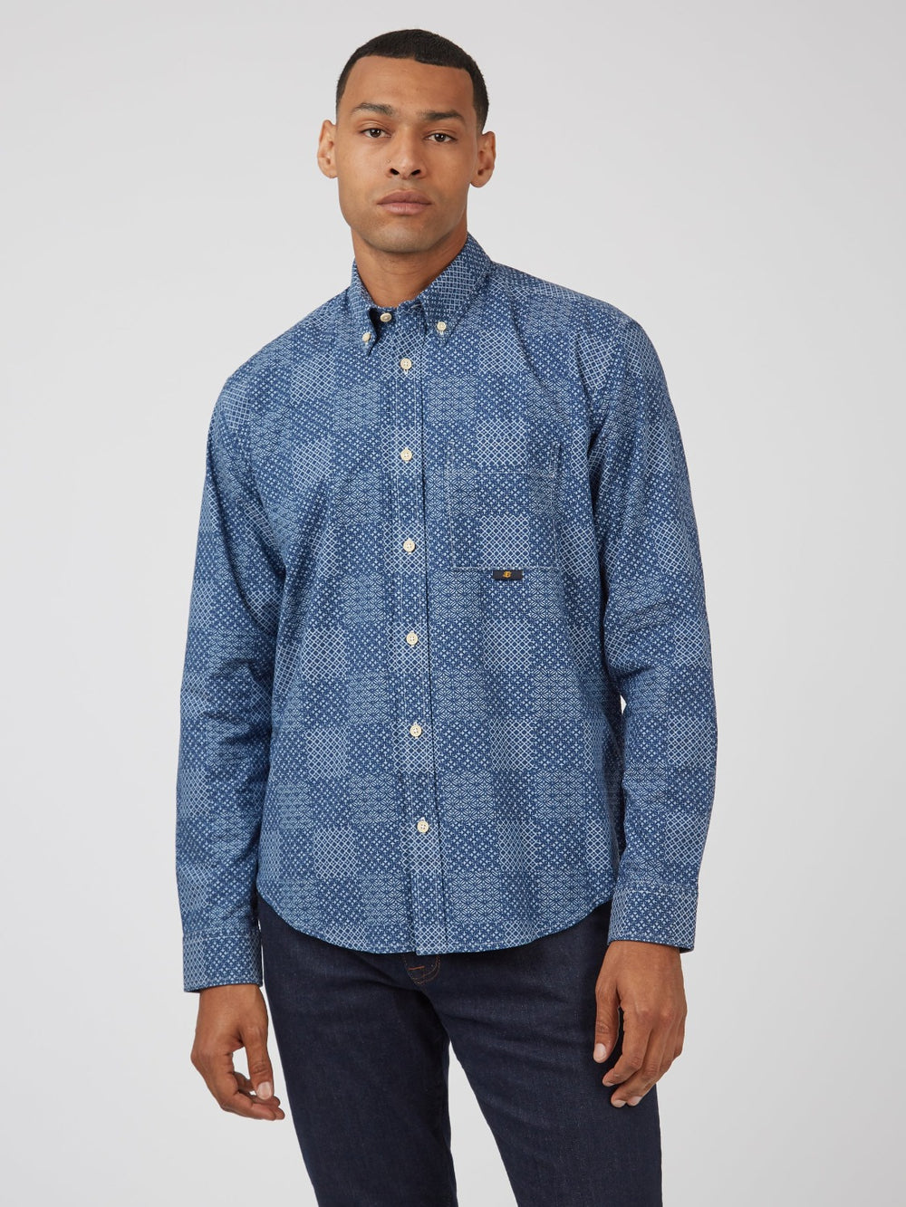 Camisas Ben Sherman Chambray Patchwork Geo Print Long-Sleeve Azuis | 21QRPJLNS