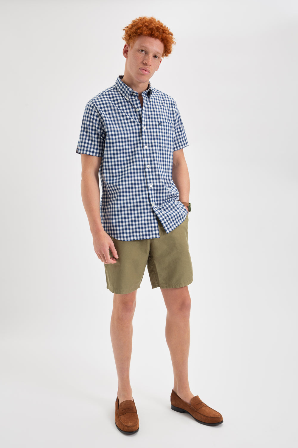 Camisas Ben Sherman Short Sleeve House Poplin Gingham Azul Marinho Verde Oliva | 58OXDFPMC