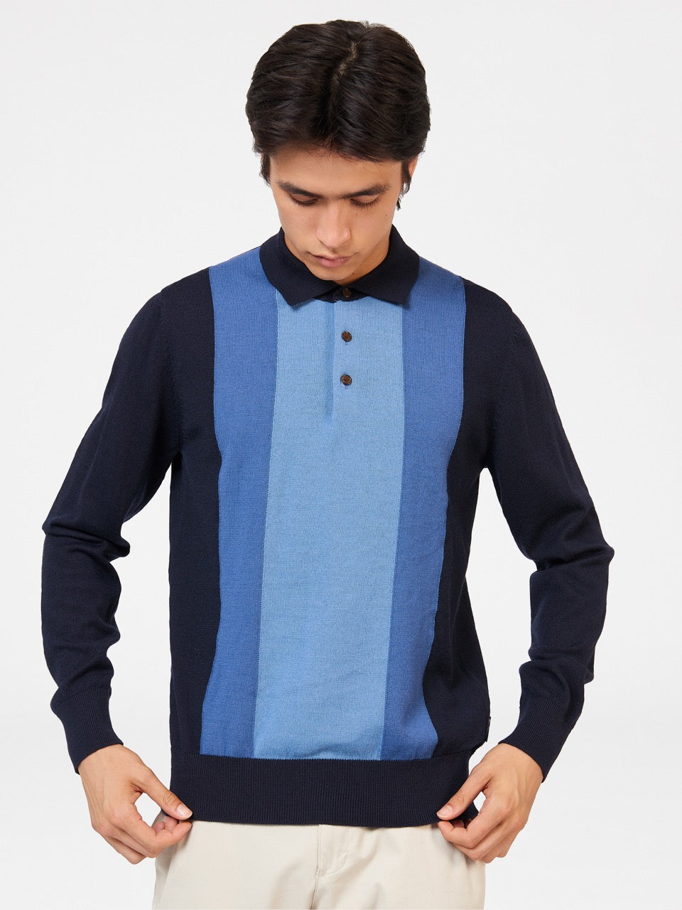 Suéteres Com Gola Polo Ben Sherman Block Stripe Merino Azul Marinho | 18ZJALWDF